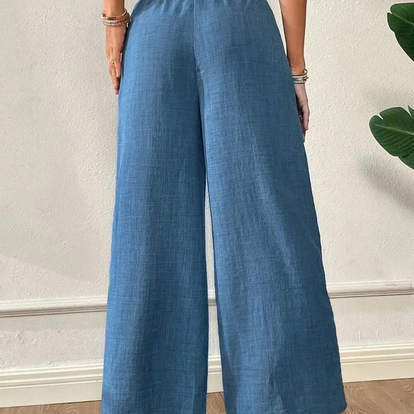Blue Casual Women's High Waist Wide Leg Pants - Picture 4 of 6